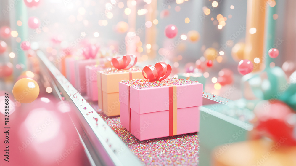 Festive pastel-toned conveyor belt with open gift boxes filled with New Year’s decorations and confetti, cheerful color scheme. generative AI. Festive pastel-toned conveyor belt with open gift boxes filled with New Year’s decorations and confetti, cheerful color scheme. generative AI.