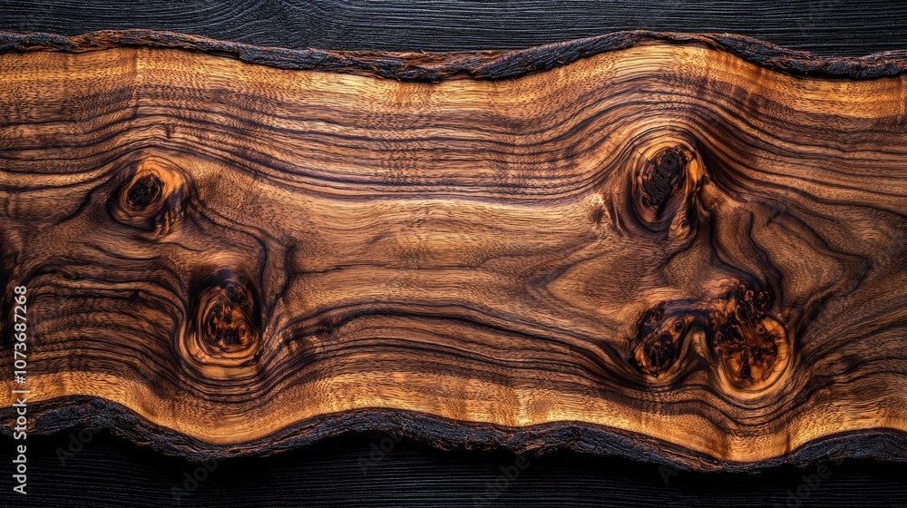 A polished wooden slab showcasing rich grain patterns and natural edges. A polished wooden slab showcasing rich grain patterns and natural edges.