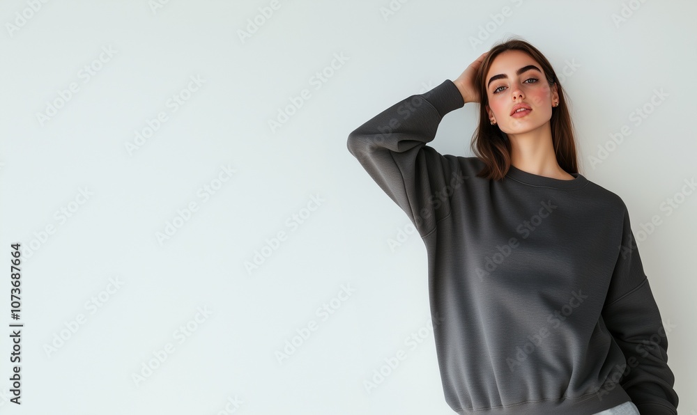 Stylish Woman Posing in Fashionable Gray Sweatshirt Stylish Woman Posing in Fashionable Gray Sweatshirt