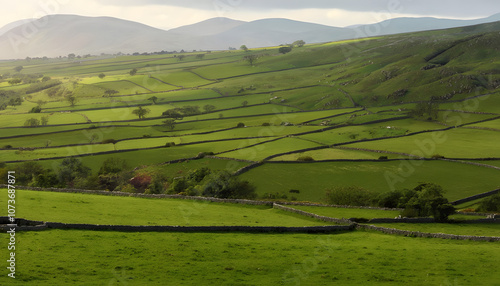 Rolling Green Hills of the Irish Countryside with Stone Walls