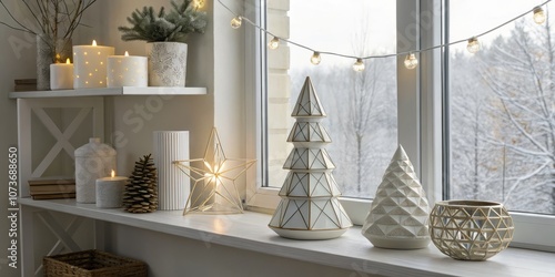 A window sill with a variety of Christmas decorations including a star, a tree