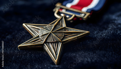 Close-Up of Bronze Star Medal on Dark Velvet Fabric photo