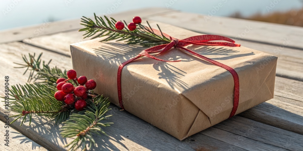 A brown box with red ribbon and red berries on top of a wooden table A brown box with red ribbon and red berries on top of a wooden table