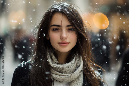 A beautiful sweet girl stands on a city street in winter. It is snowing outside.