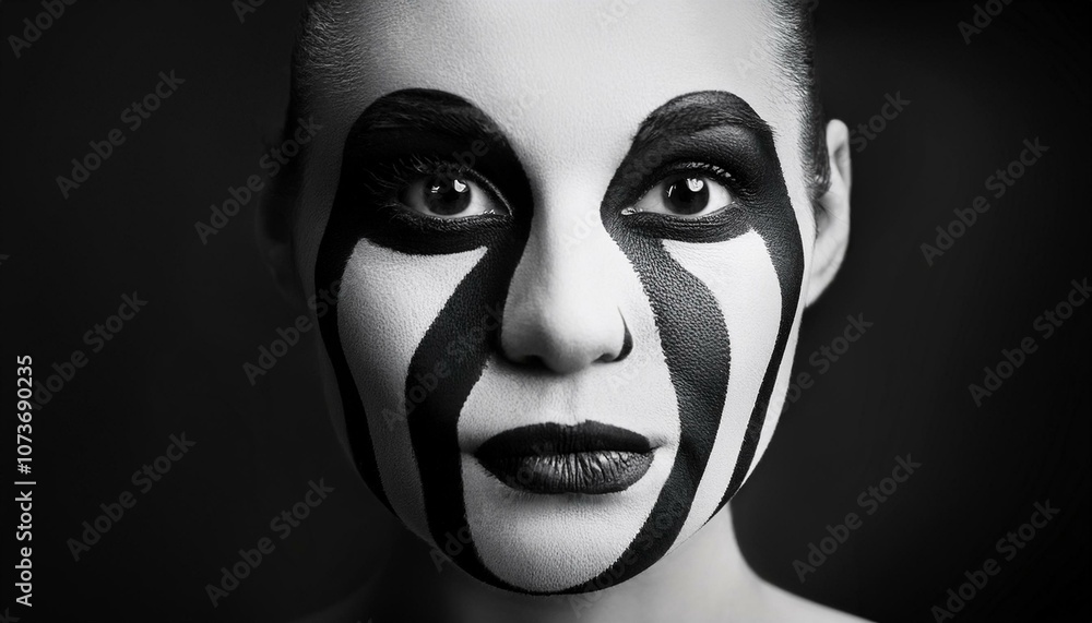 A portrait of a lady with a black and white painted stripes on the face; a person looking at the camera with a painted face; portrait photography; stripes of paint on a human face; black background; A portrait of a lady with a black and white painted stripes on the face; a person looking at the camera with a painted face; portrait photography; stripes of paint on a human face; black background;