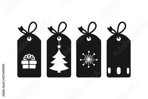  A set of four Christmas present tags in silhouette black color vector art illustration.