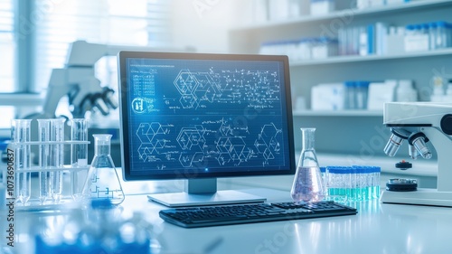 Chemical synthesis hazardous concept. A modern laboratory scene featuring a computer displaying data, surrounded by laboratory glassware and a microscope.
