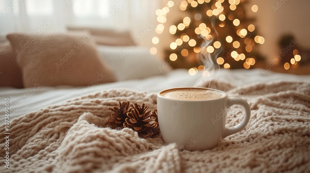 Cozy Christmas morning with a steaming cup of coffee on a knitted blanket, a pine cone, and a Christmas tree with lights in the background. Cozy Christmas morning with a steaming cup of coffee on a knitted blanket, a pine cone, and a Christmas tree with lights in the background.