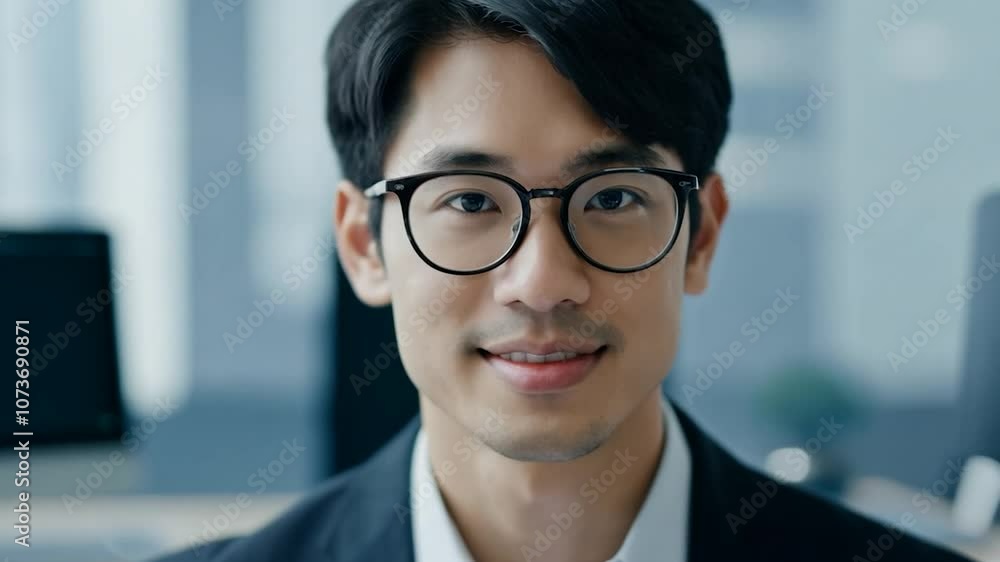 Businessman is putting on his glasses and smiling in an office environment. He is wearing a suit and tie, and he looks happy and confident Businessman is putting on his glasses and smiling in an office environment. He is wearing a suit and tie, and he looks happy and confident