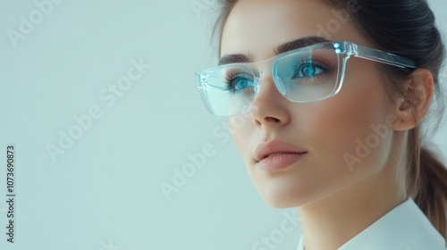 the fresh face of a beautiful Slavic woman in smart glasses, displaying digital information on smart glasses, AI Generative