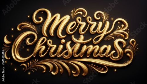 Merry Christmas cursive text in gold texture and finishing; golden cursive text with Merry Christmas written on a dark background; 3D golden text saying Merry Christmas; text and font; holiday season