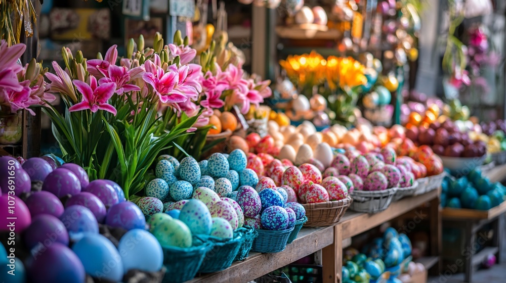 A colorful display of Easter eggs and flowers at a market stall. A colorful display of Easter eggs and flowers at a market stall.