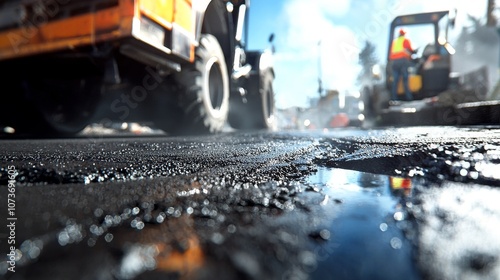 Two workers in orange vests watch as a large machine paves the road. photo