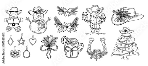 Western Christmas vector hand drawn set illustration. Cowgirl hat, floral ornaments, coquette bow decor, snowman and gingerbread in a cowboy hat, horseshoe line art.