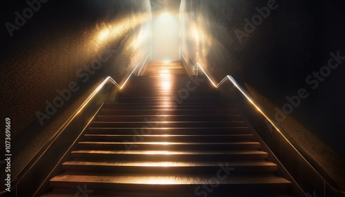 A long and dark stairs with illuminating lights surrounding going up towards an opening to the next level; a dark ominous stairs case to the top; success and hardship; climb to the top; modern stairs photo