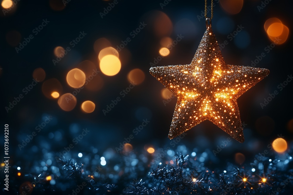 Golden glittering christmas star is hanging in front of dark blue background with sparkling bokeh lights Golden glittering christmas star is hanging in front of dark blue background with sparkling bokeh lights