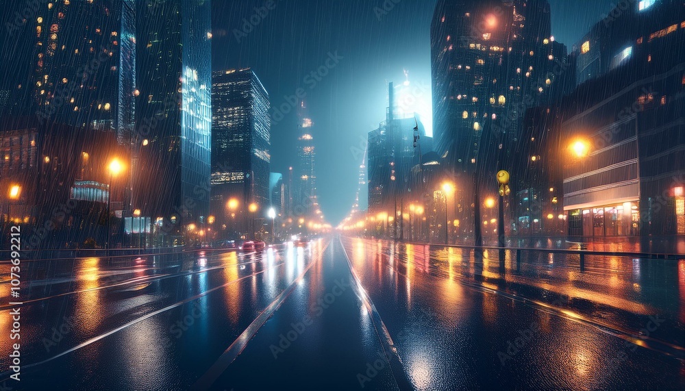 Obraz premium A rainy scene of a metropolis city; raining in a big city during night time; rainy night cityscape with street lights and skyscrapers; night photography; graphic resources; graphic elements