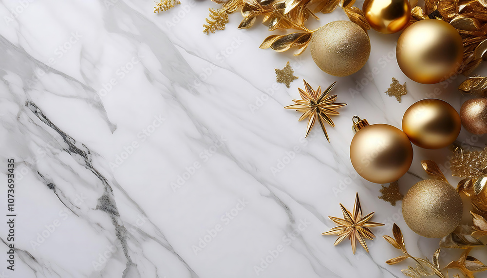 Fototapeta premium Golden decorations on a white marble surface adorn a vertical screen with ample copy space _1(507)