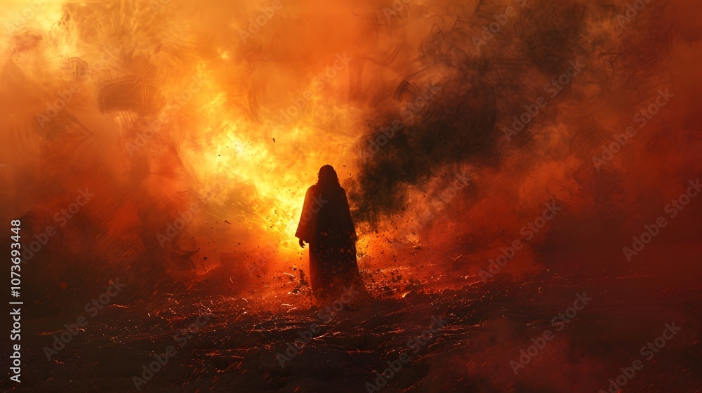 A radiant Jesus, his form gently glowing in the twilight, standing in the desert as Satan’s dark silhouette dissipates into wisps of black smoke, symbolizing the defeat of evil --ar 16:9 --v 6.0 A radiant Jesus, his form gently glowing in the twilight, standing in the desert as Satan’s dark silhouette dissipates into wisps of black smoke, symbolizing the defeat of evil --ar 16:9 --v 6.0