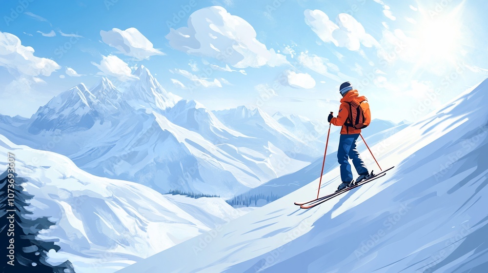 A lone skier descends a snowy slope in a majestic mountain range, enjoying the pristine winter landscape. A lone skier descends a snowy slope in a majestic mountain range, enjoying the pristine winter landscape.