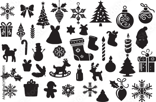 Christmas element, decoration silhouette vector black, set of Christmas elements vector