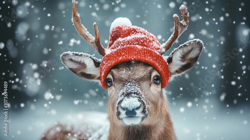 Cheerful and funny Christmas reindeer in red cap. Generative AI photo