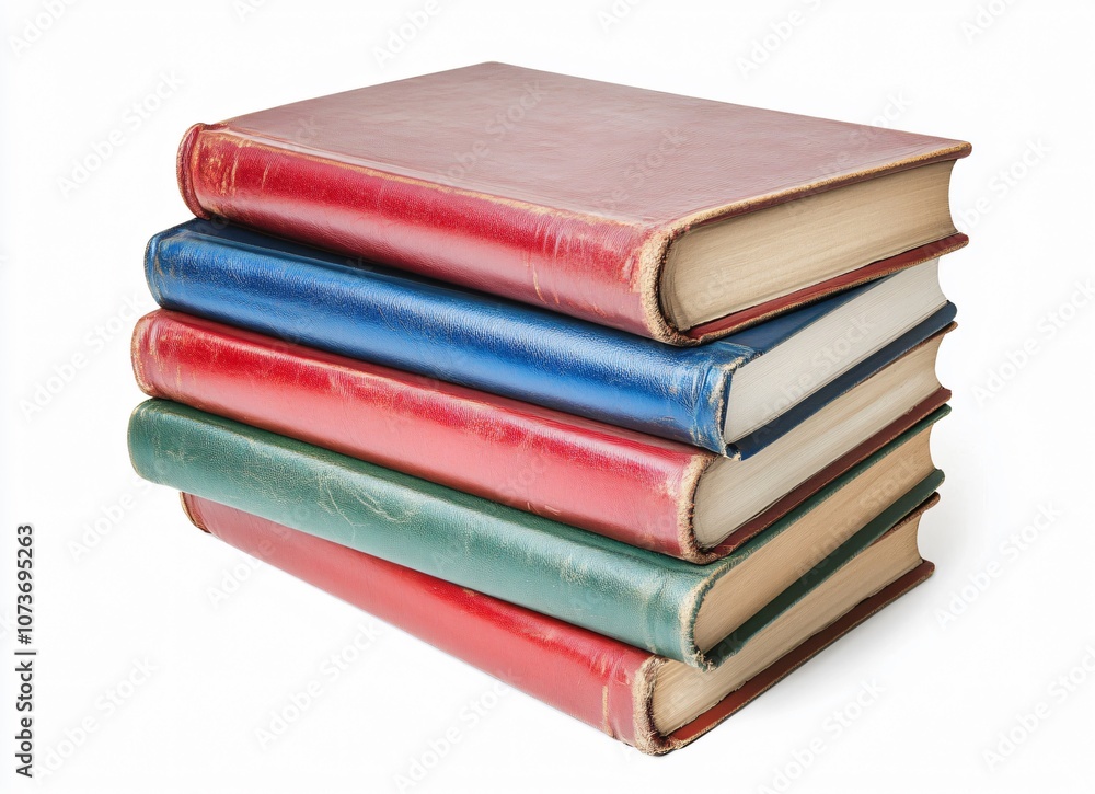 Stack of Leather-Bound Books with Red, Blue, and Green Covers Stack of Leather-Bound Books with Red, Blue, and Green Covers