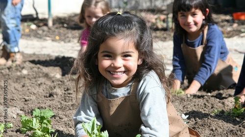 An ethnically diverse group of children tends to a lush school garden project, learning about sustainability through plant knowledge and teamwork.