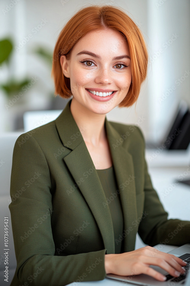Redhead female professional with short hair in olive suit using a laptop in a modern office. Redhead female professional with short hair in olive suit using a laptop in a modern office.
