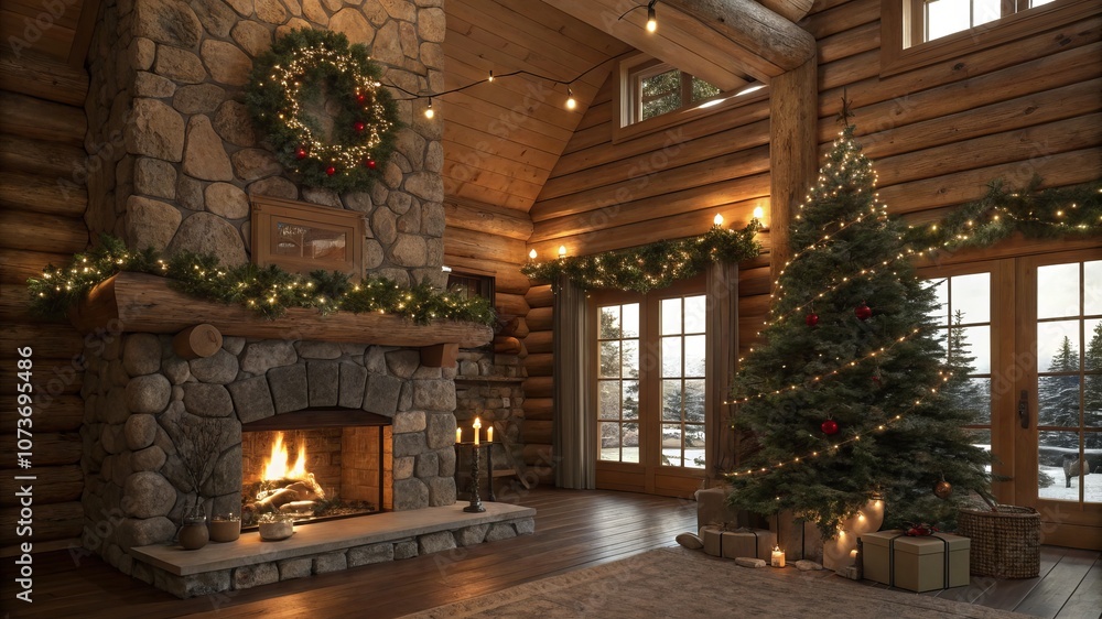 A cozy living room with a fireplace and a Christmas tree A cozy living room with a fireplace and a Christmas tree