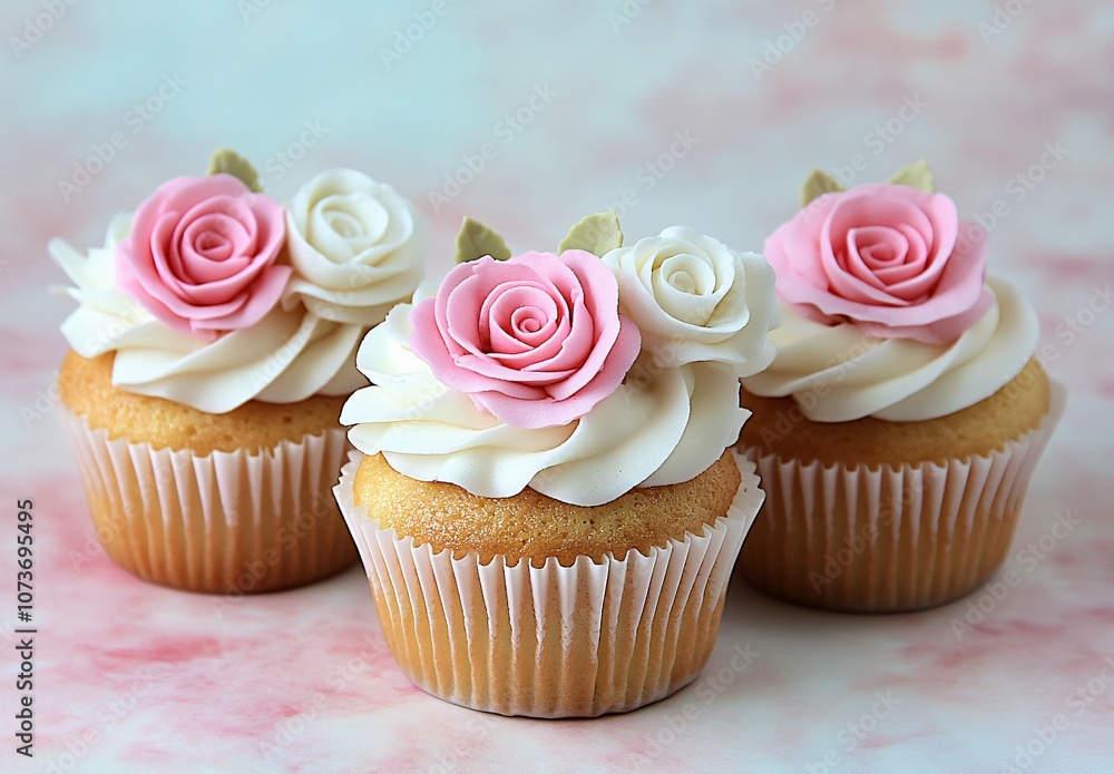 Pink & White Rose Cupcakes on Pastel Background Pink & White Rose Cupcakes on Pastel Background