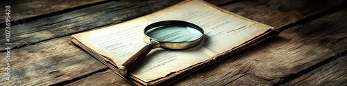 Cryptic Clues: A magnifying glass rests on an open case file on a wooden floor. photo