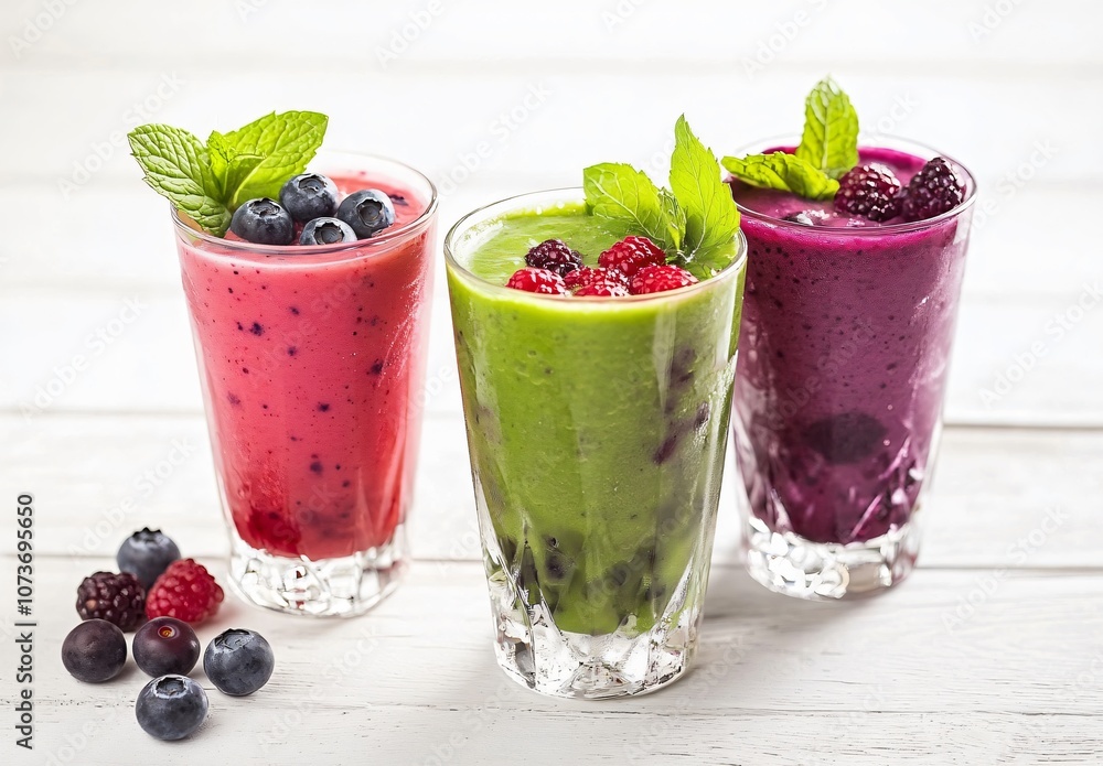 Three Delicious Fruit Smoothies on White Table Three Delicious Fruit Smoothies on White Table