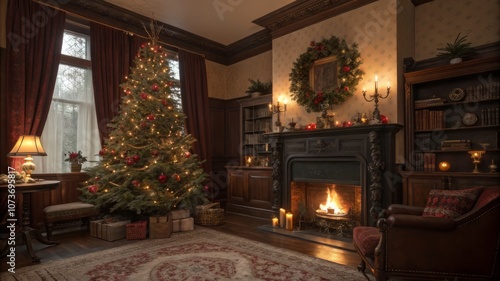 A cozy living room with a Christmas tree and a fireplace