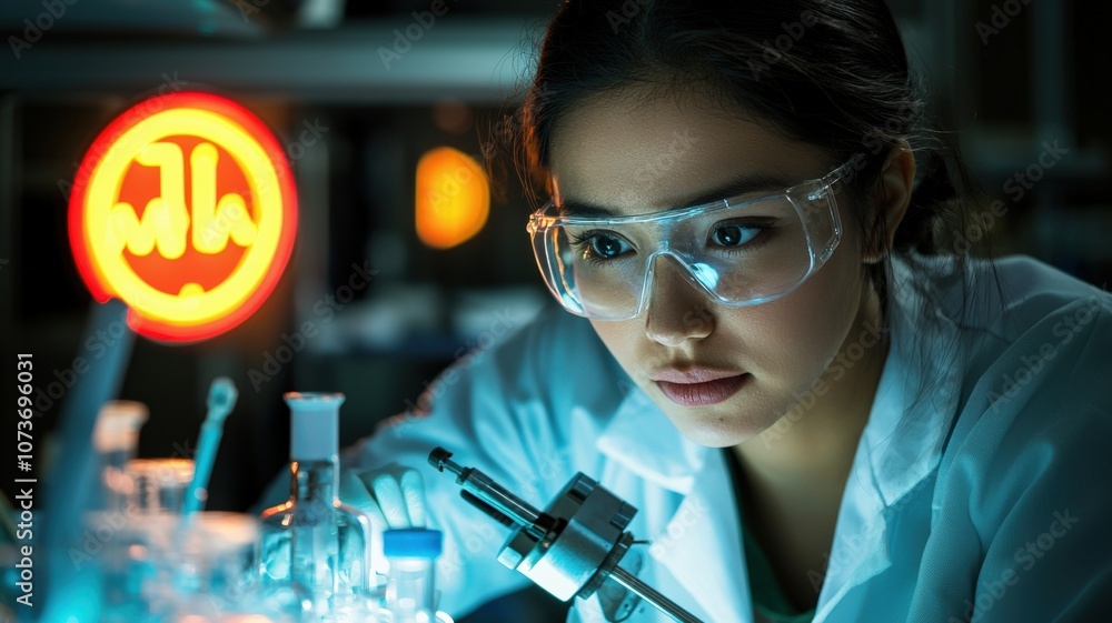 Chemical synthesis hazardous concept. A focused scientist in a lab analyzes samples under brightly lit equipment, showcasing the precision and dedication of scientific research. Chemical synthesis hazardous concept. A focused scientist in a lab analyzes samples under brightly lit equipment, showcasing the precision and dedication of scientific research.