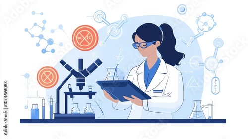 Chemical synthesis hazardous concept. A scientist in a lab coat examines data, surrounded by lab equipment and molecular structures, highlighting research and scientific inquiry.