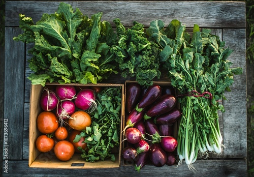 Fresh Vegetables in Wooden Boxes Top View photo