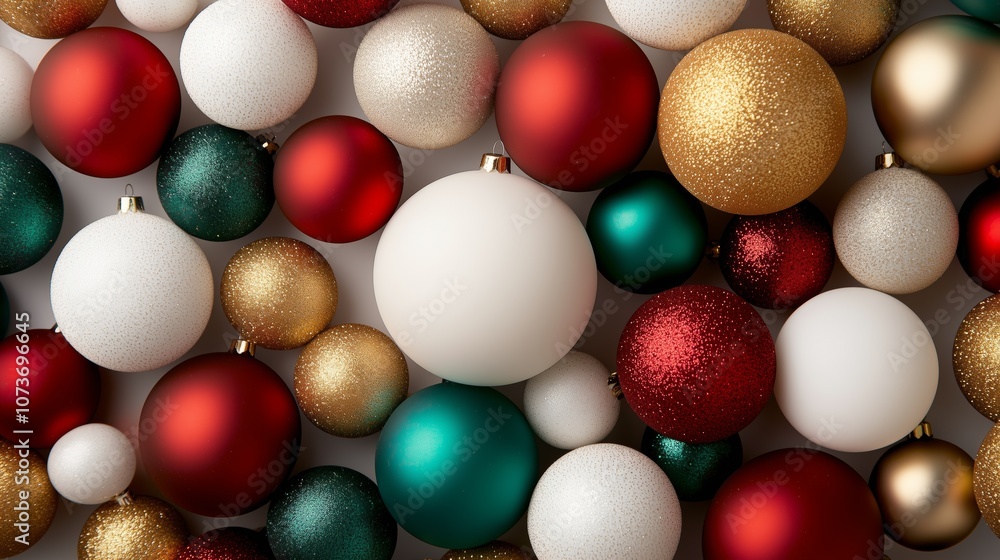 A vibrant collection of red, green, gold, and white Christmas ornaments, perfect for holiday decoration and festive celebrations.