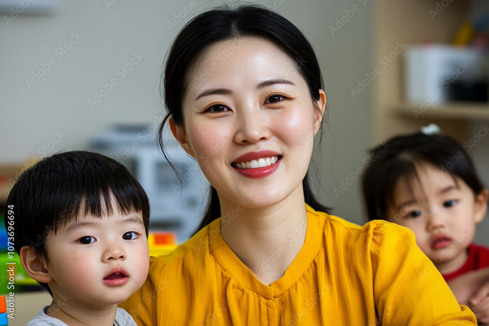 Young smiling Asian female teacher in yellow sweatshirt and small children having fun with colorful blocks in a vibrant kindergarten setting. Young smiling Asian female teacher in yellow sweatshirt and small children having fun with colorful blocks in a vibrant kindergarten setting.