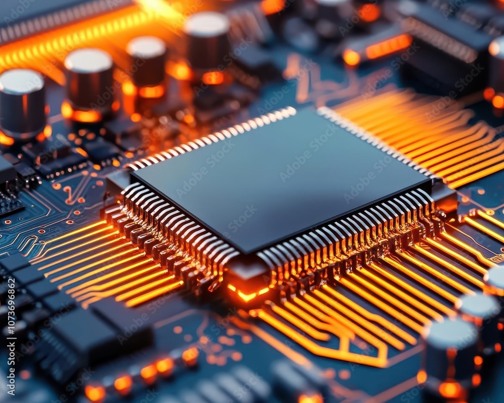 3D model of semiconductor fabrication, advanced machinery, glowing components, 3D illustration 3D model of semiconductor fabrication, advanced machinery, glowing components, 3D illustration