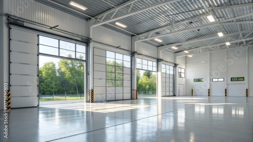 A large, empty warehouse with a lot of windows and a lot of light