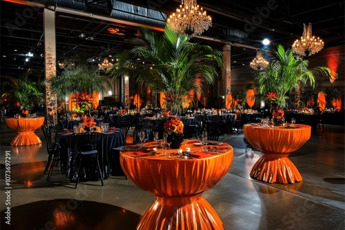 Elegant banquet hall setup featuring vibrant orange and black decor, lush tropical plants, and luxurious chandeliers creating an inviting atmosphere for events and celebrations