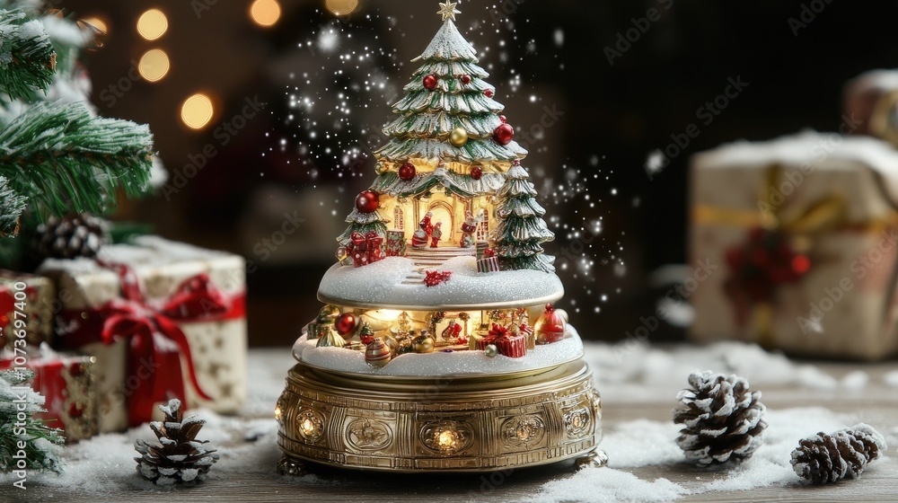 A beautifully crafted Christmas music box with a snowy scene, playing by a glowing Christmas tree, surrounded by holiday decor. A beautifully crafted Christmas music box with a snowy scene, playing by a glowing Christmas tree, surrounded by holiday decor.