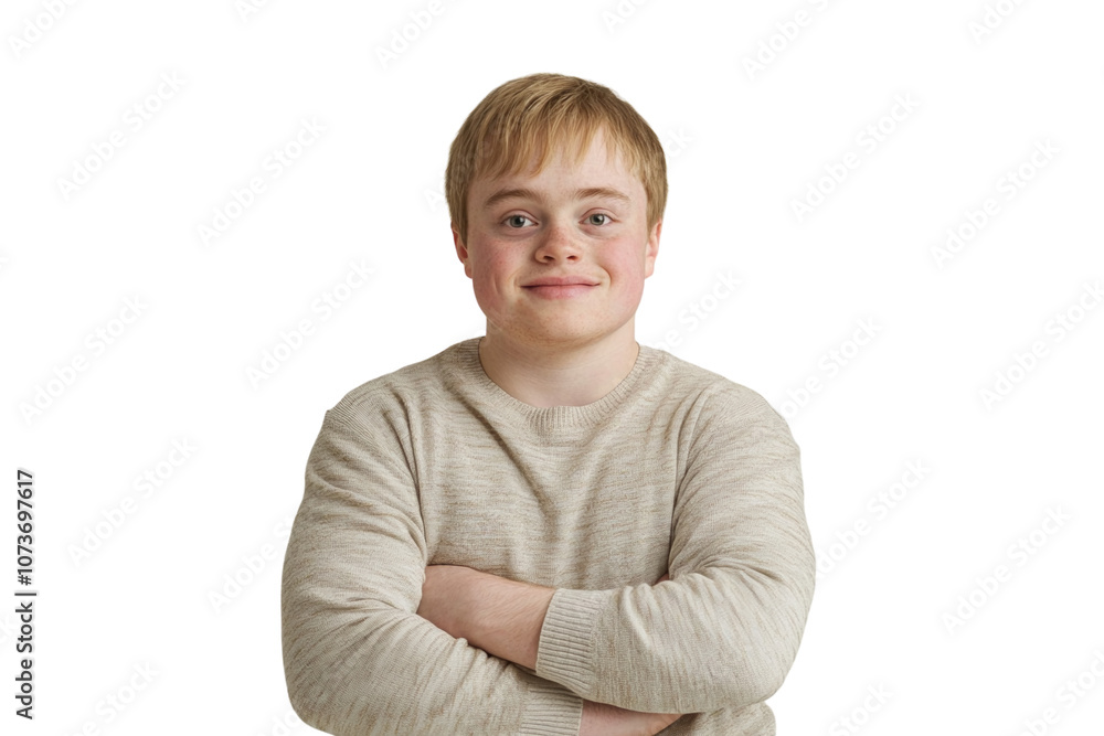 Young blonde man with Down syndrome standing confidently on a plain white background. PNG transparent.