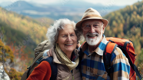 Smiling senior couple on a hike