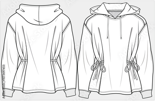 GIRLS AND WOMEN WEAR HOODIE WINTER WEAR FRONT AND BACK FLAT DESIGN SKETCH VECTOR ILLUSTRATION