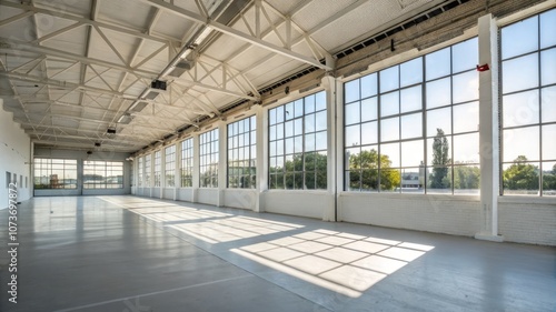 A large, empty warehouse with a lot of windows and a lot of light