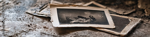 Faded Photograph: An aged Polaroid lies on a dusty surface, its image fading but still holding clues to a hidden truth. photo