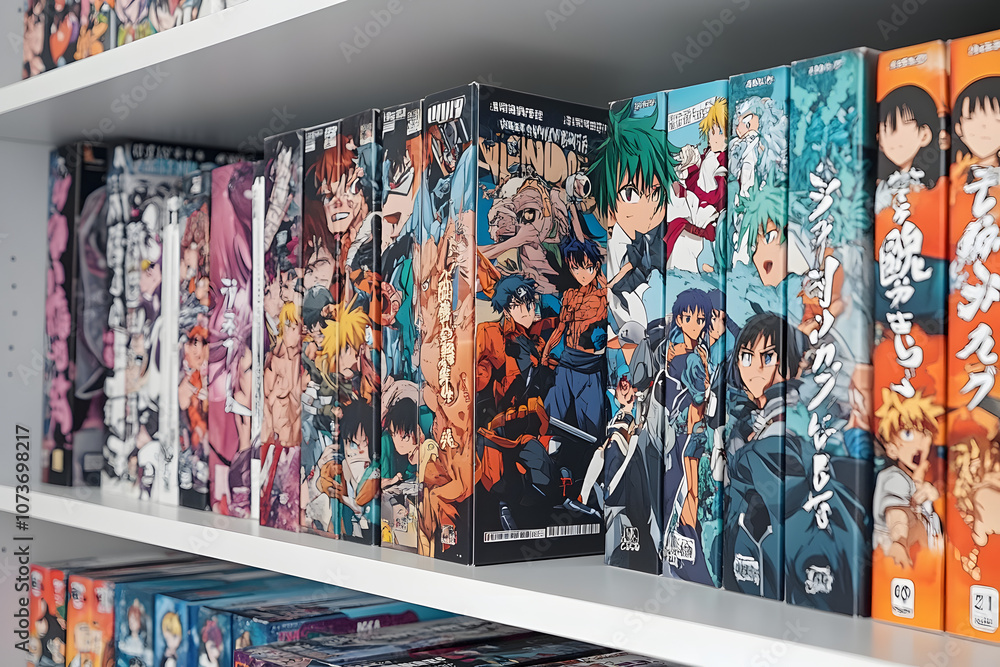 A shelf full of colorful anime manga books. A shelf full of colorful anime manga books.