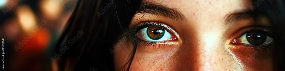 Obraz premium Eyes of the Witness: A close-up portrait of a nervous woman in a crowded room, her eyes darting between onlookers.